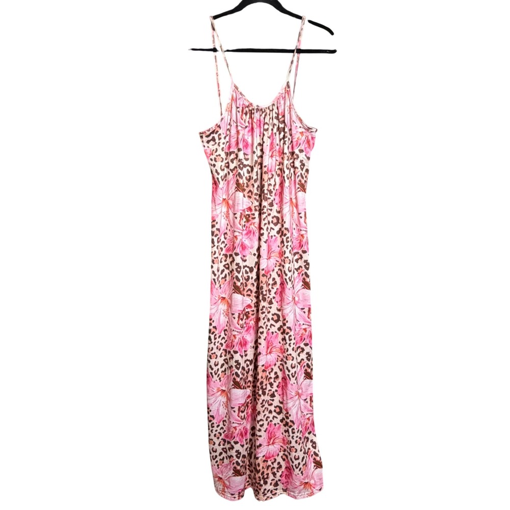 Y2K Pink Floral Leopard Print Maxi Dress, Spaghetti Strap Boho Whimsigoth Dress